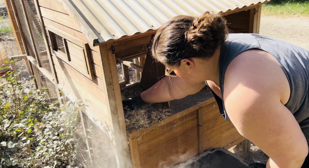 Woman cleaning a chicken coop.