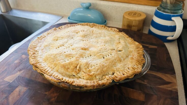 Freshly baked apple pie with an easy all butter crust.