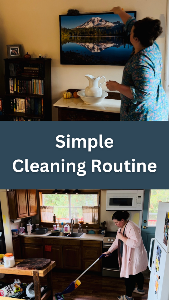 Pinterest pin for simple cleaning routine with a woman dusting and mopping.