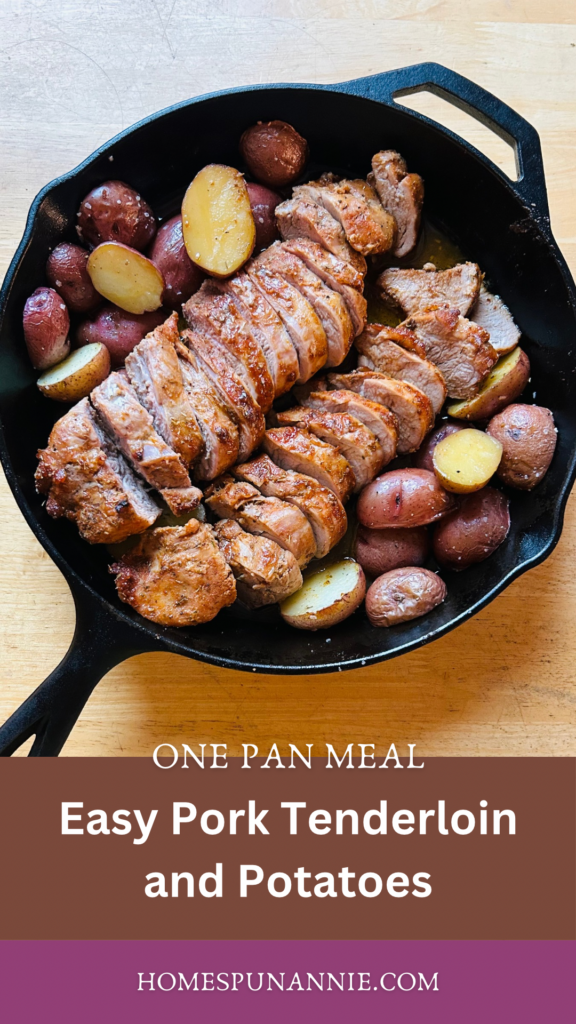 Pinterest pin for easy roasted pork tenderloin and potatoes