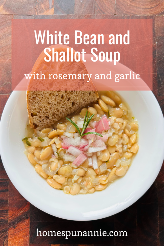 Pinterest pin for white bean and shallot soup.