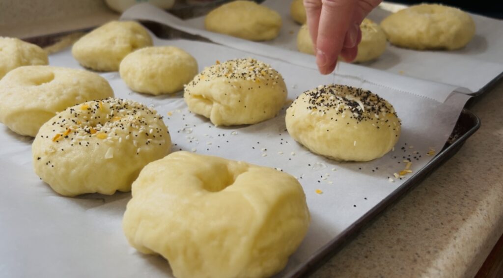 Topping boiled sourdough bagel dough with salt and seasonings.