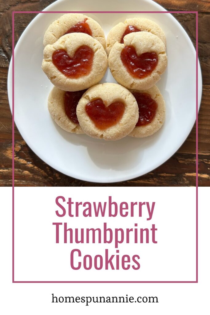 Pinterest pin for strawberry thumbprint cookies.