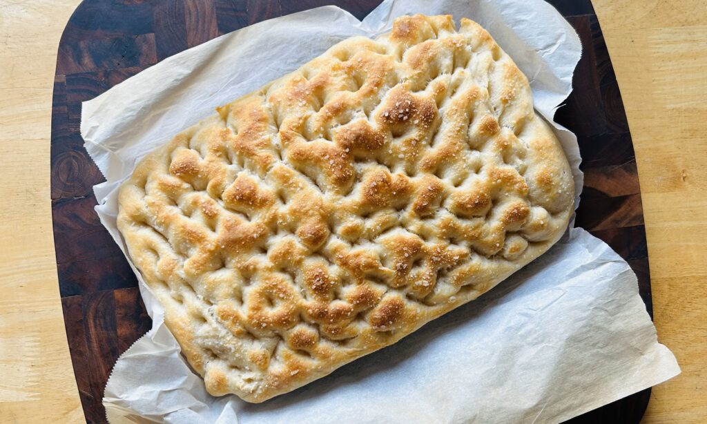 Freshly baked sourdough focaccia bread.