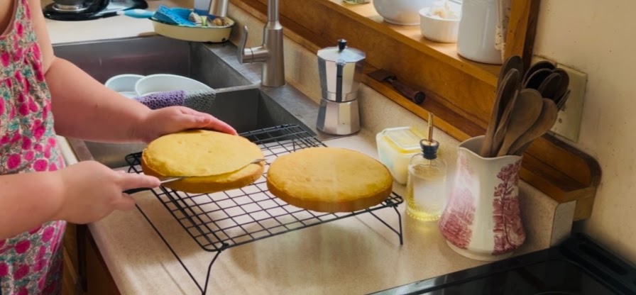 Trimming the top of a round cake to make it flat.
